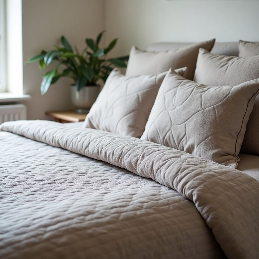 Aldgate Matelassé Cushion and Bedspread Set – Taupe detail 5 – Aurum De London